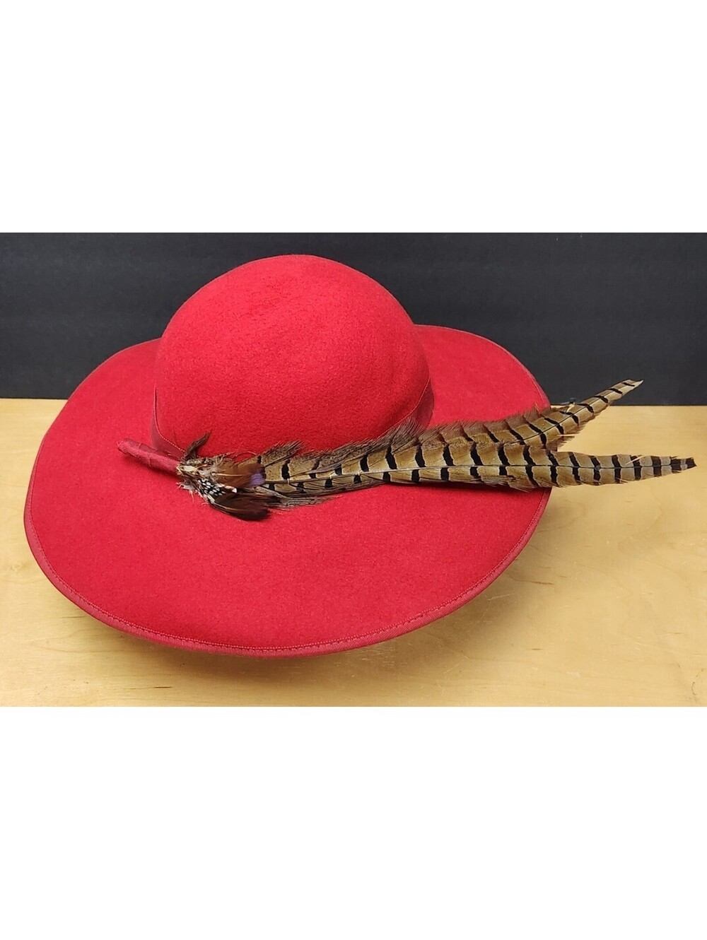 Vintage 1980's Betmar Red Wool Felt Wide Brim Hat Pheasant Feather Derby Dress